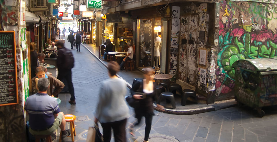 People walking through Finders Lane