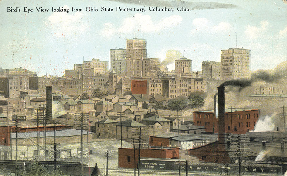 A postcard view looking out from Ohio State Penitentiary