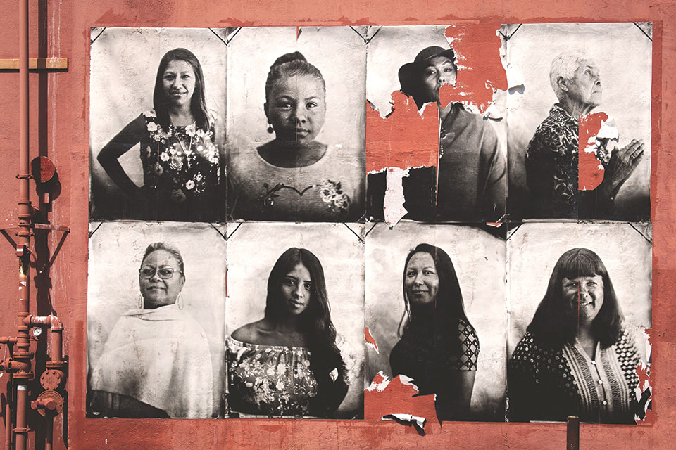 A series of women's photographs against a rust red background