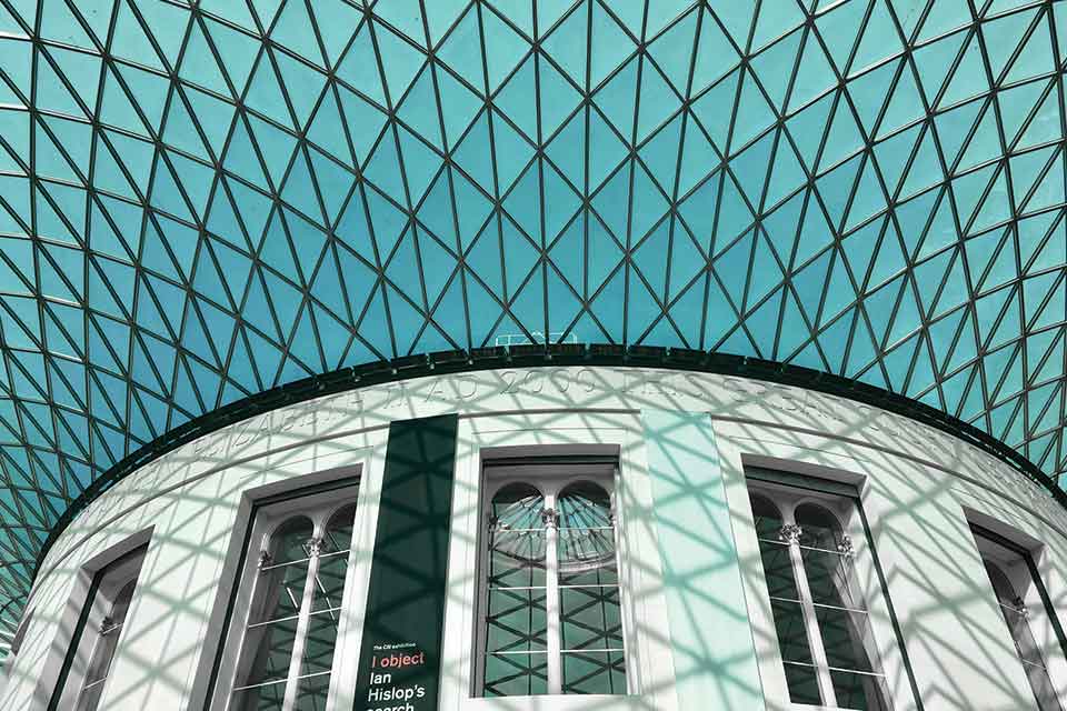 An interior shot looking up at the ceiling of the British Museum Reading Room