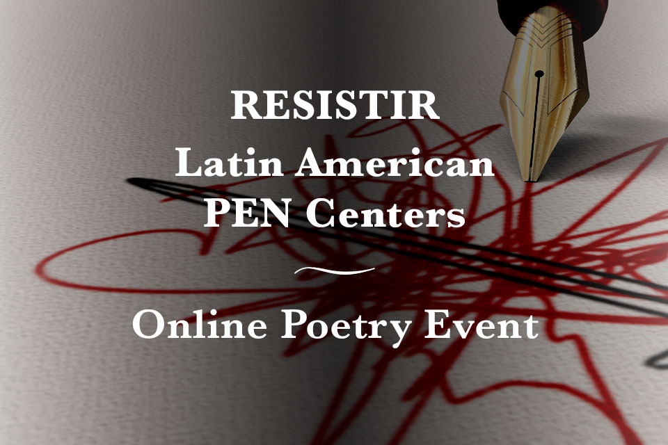 An image of a fountain pen resting on scribbles in black and red. Text reads: Resistir Latin America. Online Reading Event