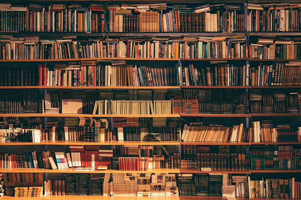 A photograph of a wall mounted bookshelf filled from top to bottom with books