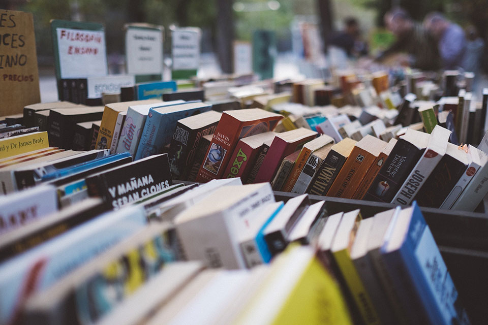 Books arranged in rows at a bookstore