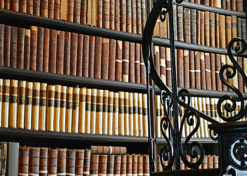 Hardback books with maroon and gold spines