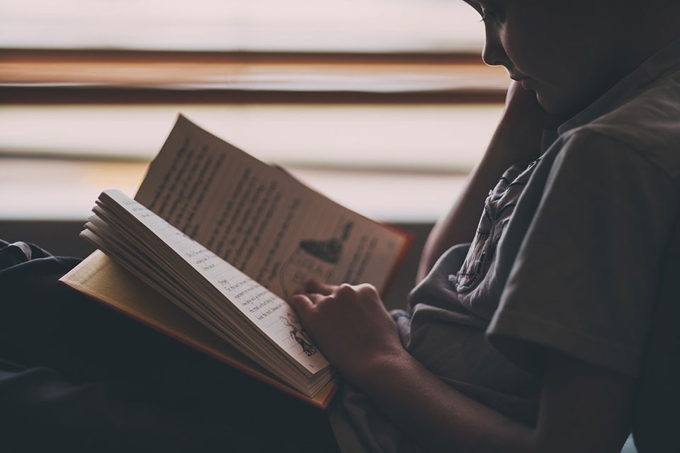 Boy reading book by a window with warm fall light.