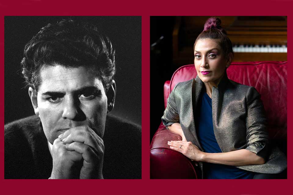 Photos of Ahmad Shamlou and Niloufar Talebi juxtaposed on a crimson background