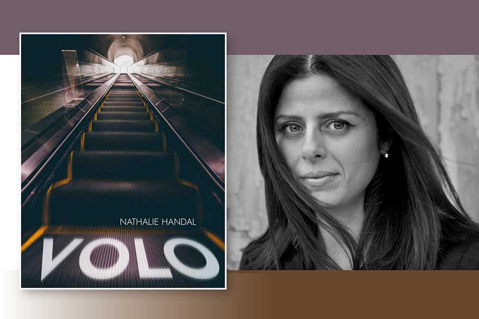 A photograph of Nathalie Handal juxtaposed with the cover to her book Volo