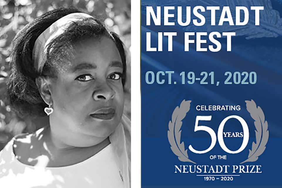 A photograph of NSK juror Tanita Davis juxtaposed with the graphic logo for the 2020 Neustadt Lit Festival