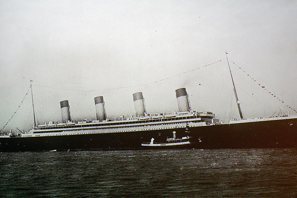 A black and white photograph of the Titanic