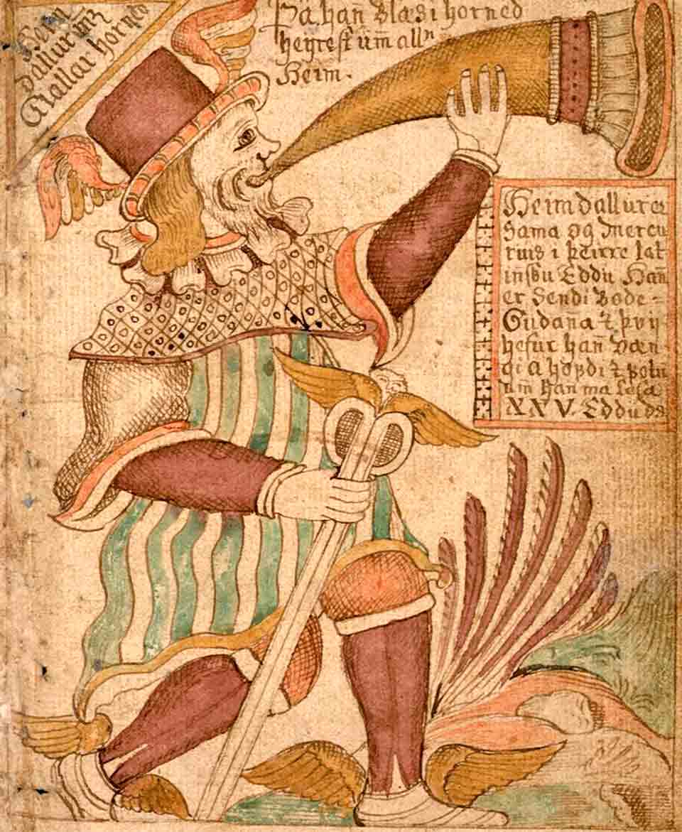 An illustration of a courtly figure with a horn coming out of his mouth