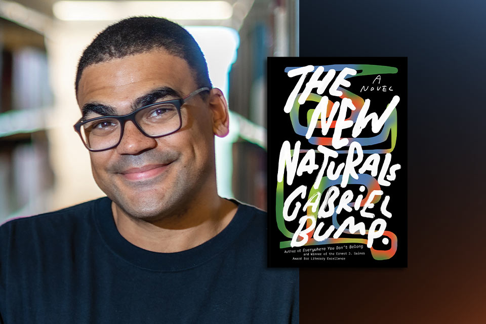 A photograph of Gabriel Bump with the cover to his book The New Naturals