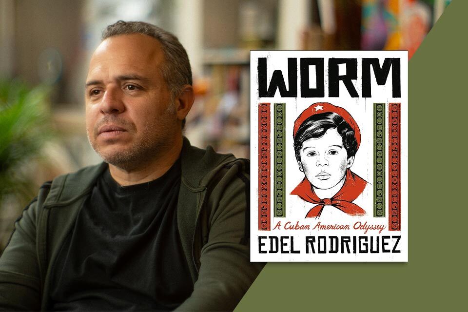 A photograph of Edel Rodriquez with the cover to his book Worm