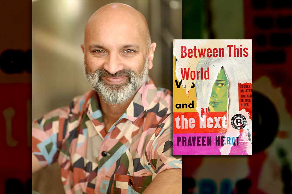 A photograph of Praveen Herat with the cover to his book Between This World and the Next