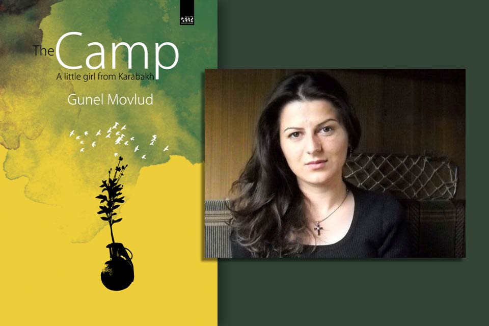 A photograph of Gunel Movlud with the cover to her book The Camp