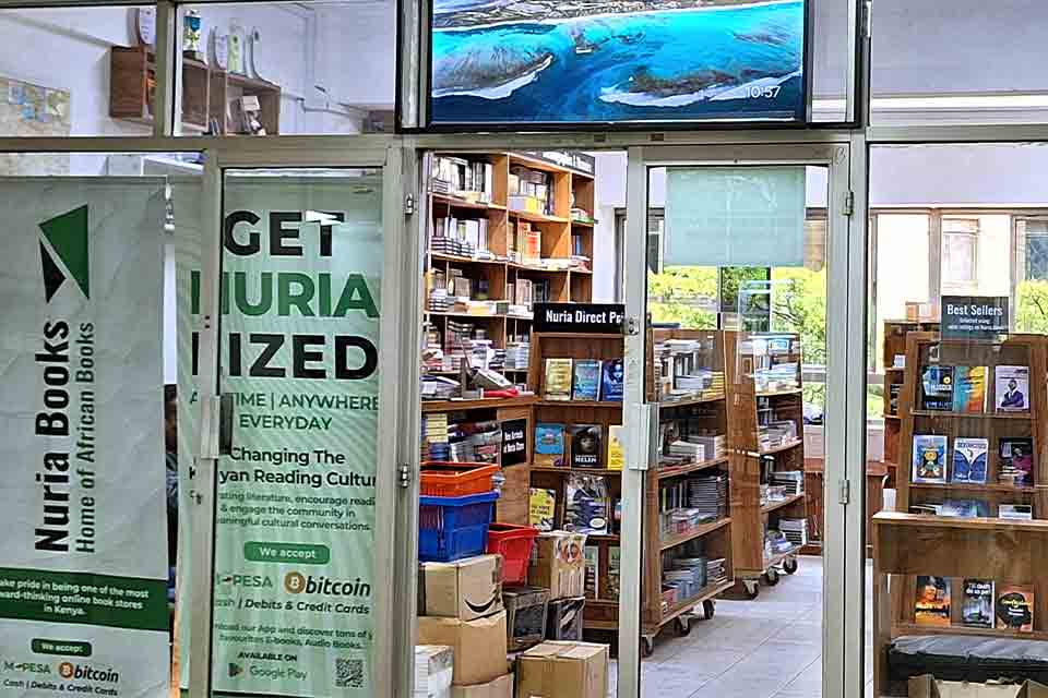 A photograph looking inside of a bookstore