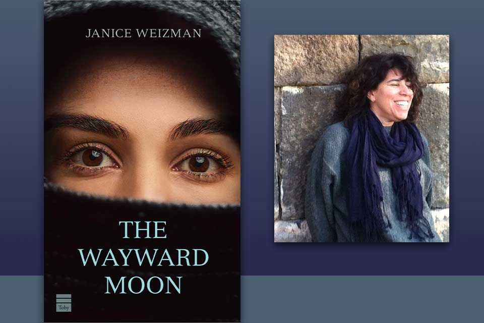 A photograph of Janice Weizman with the cover to her book The Wayward Moon