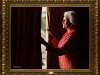 A photograph of Justice Sandra Day O'Connor peering out through a heavy curtain to the daylight outside