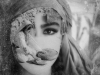 A black and white photomontage of a woman's partially veiled face with an image of a woman making flat bread partially obscuring her face