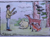 A crayon drawing of a human being reading to forest animals