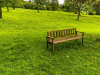 A photograph of a simple wooden bench sitting on a bright green sloping hill covered in grass with trees dotting the landscape in the backgroundf