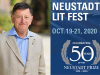 A photograph of author David Bellos juxtaposed with a logo for the Neustadt Lit Fest