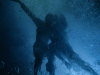 A photograph of two bodies swimming in dark blue water