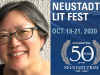 A photograph of author Janet Wong juxtaposed with the logo for the 50th Anniversary Neustadt Lit Fest logo