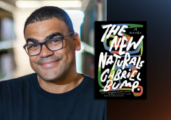 A photograph of Gabriel Bump with the cover to his book The New Naturals