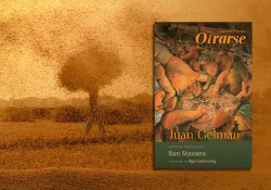 A painted illustration of a landscape with a two trunked tree. The whole image seems to be clouded with dust. The cover to Gelman's Otrarse is included.