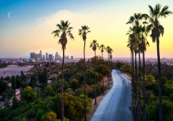 A photograph of LA at dusk. A paved road winds through tree dotted hilly landscape