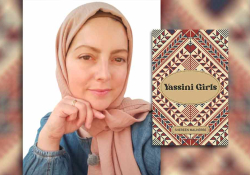 A photograph of Shereen Malherbe with the cover to her book Yassini Girls