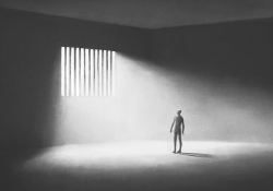 An illustration of a nonodescript human figure in a dark room slashed by light coming through a barred window