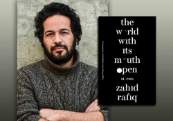 A photograph of Zahid Rafiq with the cover to his book The World with Its Mouth Open