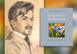 An illustration of Charles Ferdinand Ramuz and the cover to his book Great Fear on the Mountain</em>