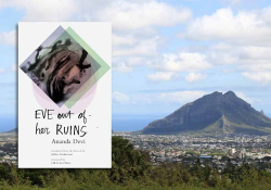 An aerial photograph of Mauritius with the cover to Ananda Devi's Eve Out of Her Ruins