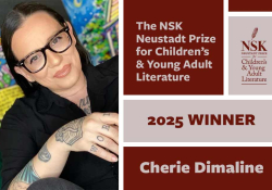 A photograph of 2025 NSK Laureate Cherie Dimaline. Text reads: The NSK Neustadt Prize for Children's and Young Adult Literature. Winner 2025. 