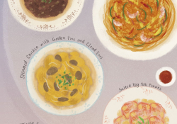 An illustration showing four Hong Kong food dishes. Text surrounding reads Steamed Minced Pork with Preserved White Cabbage, Singapore Style Rice Noodles, Steamed Chicken with Golden Pins and Cloud Ears, Salted Egg-Yolk Prawns, and Thousand-Year-Old Egg with Lean Pork Congee