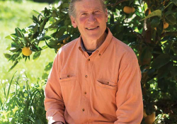 David Holmgren, sitting in the shade of a fruit tree, smiling at the photographer