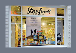 A photograph of a bookstore window. Text reads: Standfords