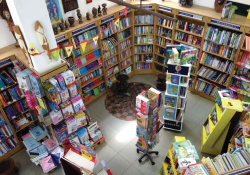 A photograph of a robustly stocked bookstore from above